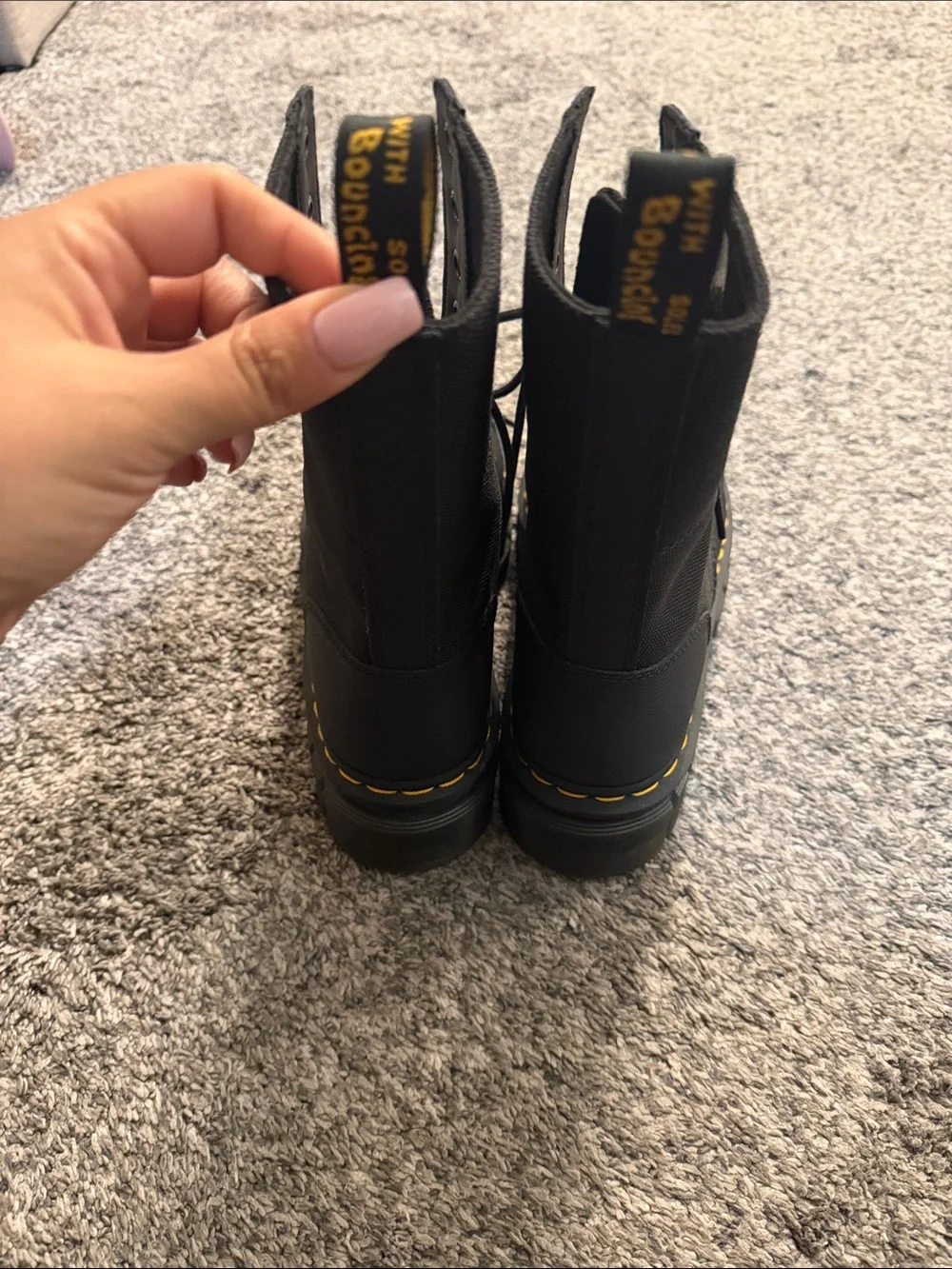Dr. Martens Black Canvas Lace-Up Combat Boots with Yellow Stitching